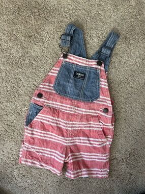 OshKosh B'gosh Red and White Striped Denim Pocket Short Overalls